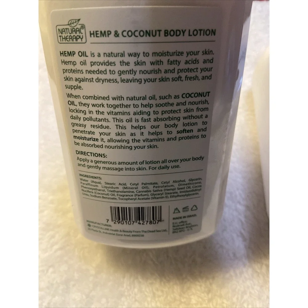 Natural Therapy Hemp & Coconut Body Lotion 16.9 Fl Oz 500mL Made In Israel NIP